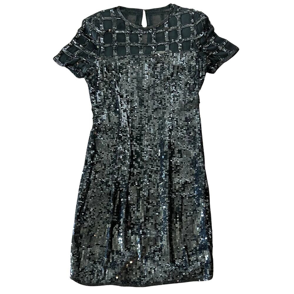 Vintage AJ Bari 80s Silk Sequin Beaded Cocktail Dress Black Size 8 Cutout Party